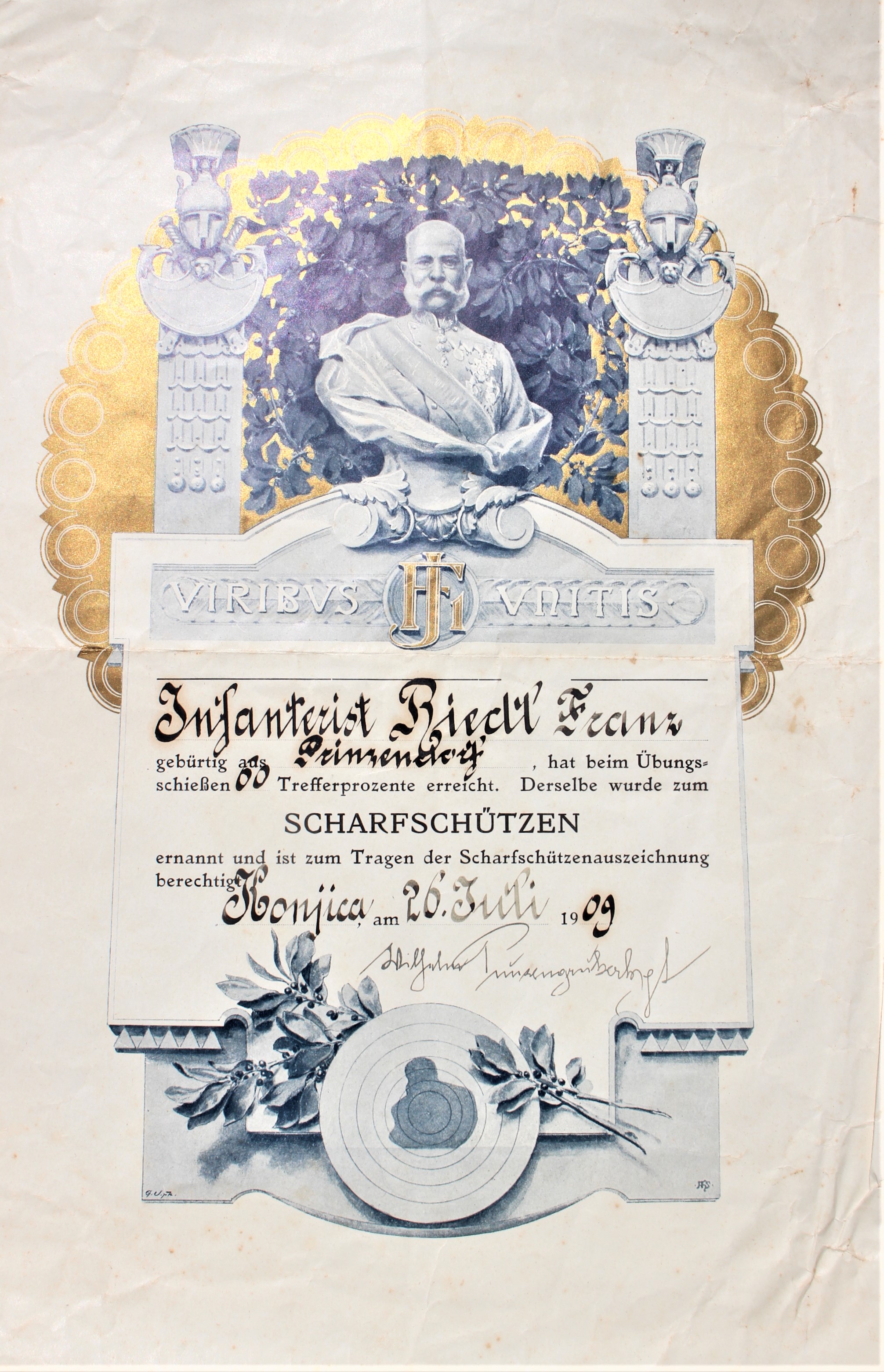 1 Urkunde Scharfschütze "Übungsschießen in Kinjica", am 26. Juli 1909